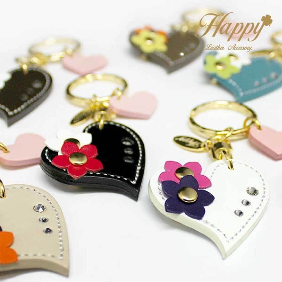 Happy 名入れ 無料 ダブル ハート 花 フラワー キーホルダー 日本製 本