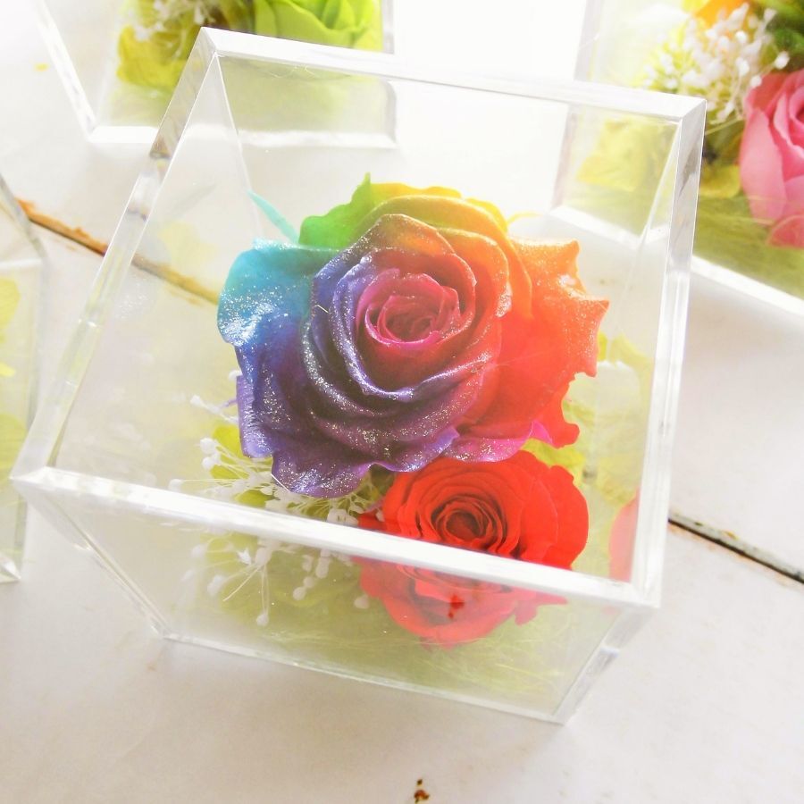 名入れ プリザーブドフラワー レインボーローズ クリアボックス