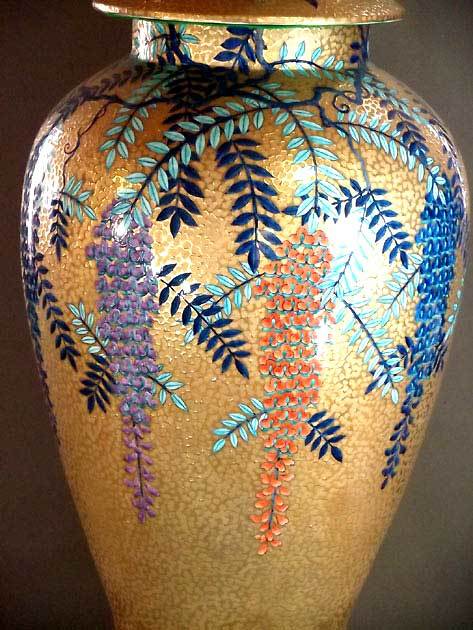 有田焼 陶芸家 藤井錦彩作】有田焼美術品 染錦黄金藤絵飾り特大沈香壺