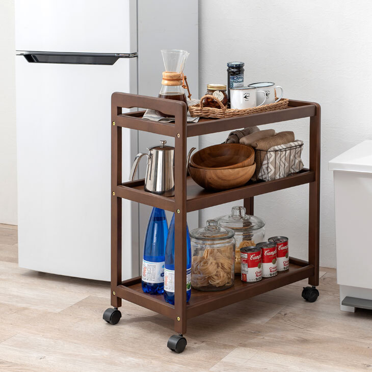 天然木 キッチンワゴン 3段 VW-7977 カート ワゴン キャスター付き