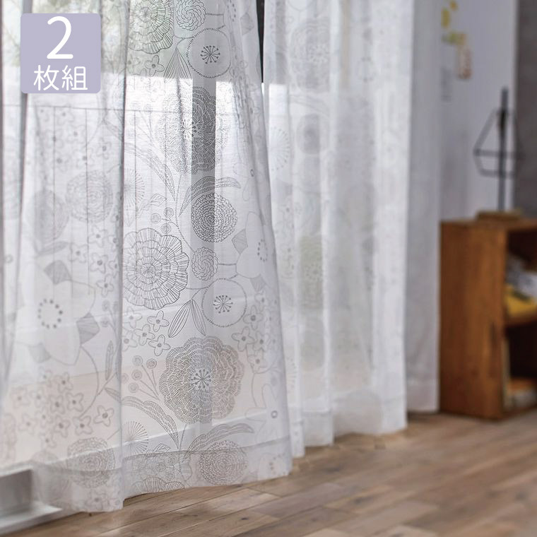 レースカーテン 幅100×丈176cm (2枚組）花柄 フラワー 総柄 植物柄 掃