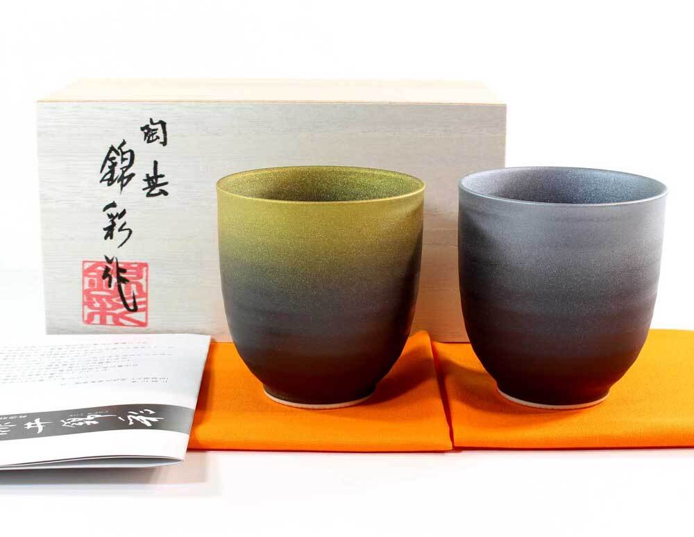 有田焼 陶芸家 藤井錦彩作 窯変金プラチナ彩 湯呑み ペアセットG 2客