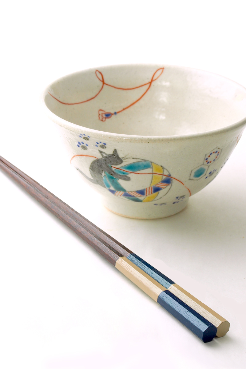 名入れできます】九谷焼の夫婦茶碗&お箸セット『てまり猫』*石川県の