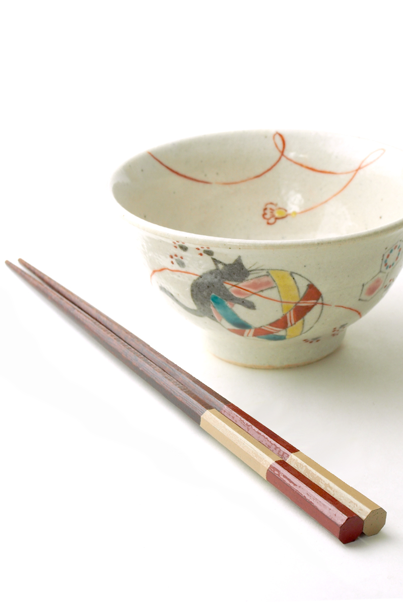 名入れできます】九谷焼の夫婦茶碗&お箸セット『てまり猫』*石川県の