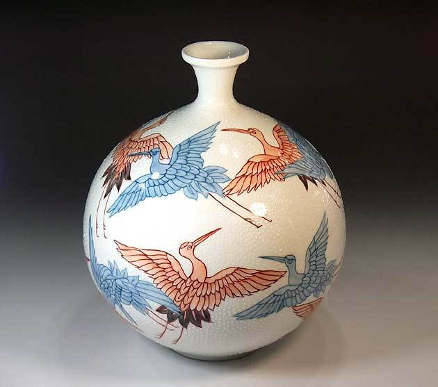有田焼 陶芸家 藤井錦彩作】有田焼美術品 染錦群鶴絵飾り花瓶 文字入れ