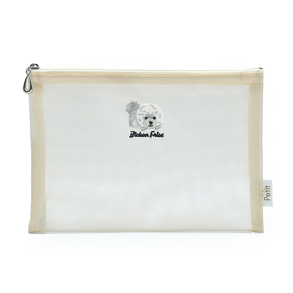 日本製 犬柄 刺繍 中身が分かる メッシュ フラットポーチ コスメポーチ