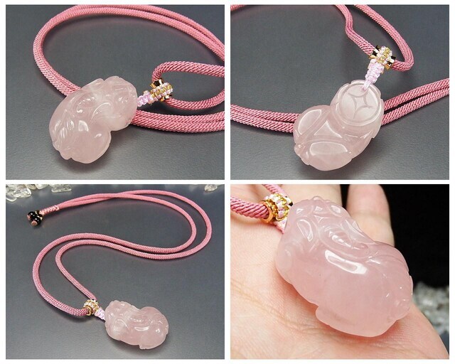 ローズクォーツ ヒキュウ 貔貅 手彫り 天然石 ピンク紐 ネックレス