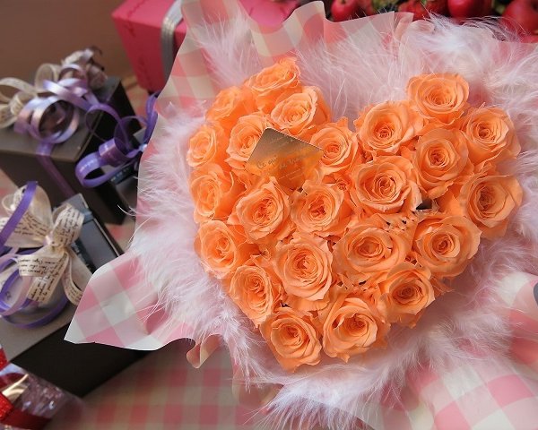 オレンジバラ ハート 花束風 フラワーギフト クリアーケース付き