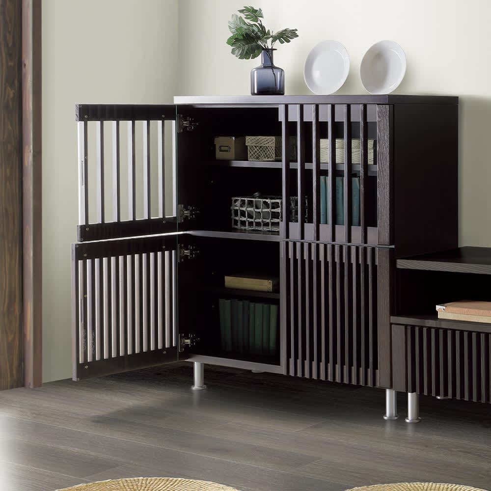 和モダン タモ天然木格子 リビング収納シリーズ 4マスキャビネット