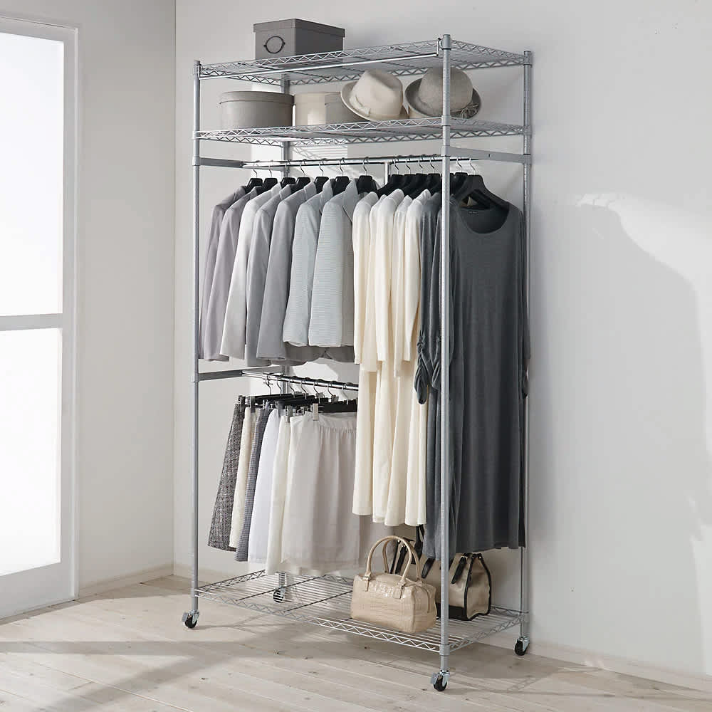 洗えるカバー付き 頑丈ハンガーラック 2段掛けハイタイプ・幅121cm