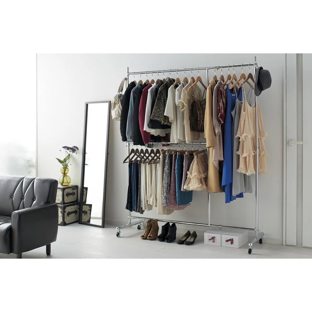 幅と高さが変えられるプロ仕様頑丈ハンガー 上下2段掛け付き シングル