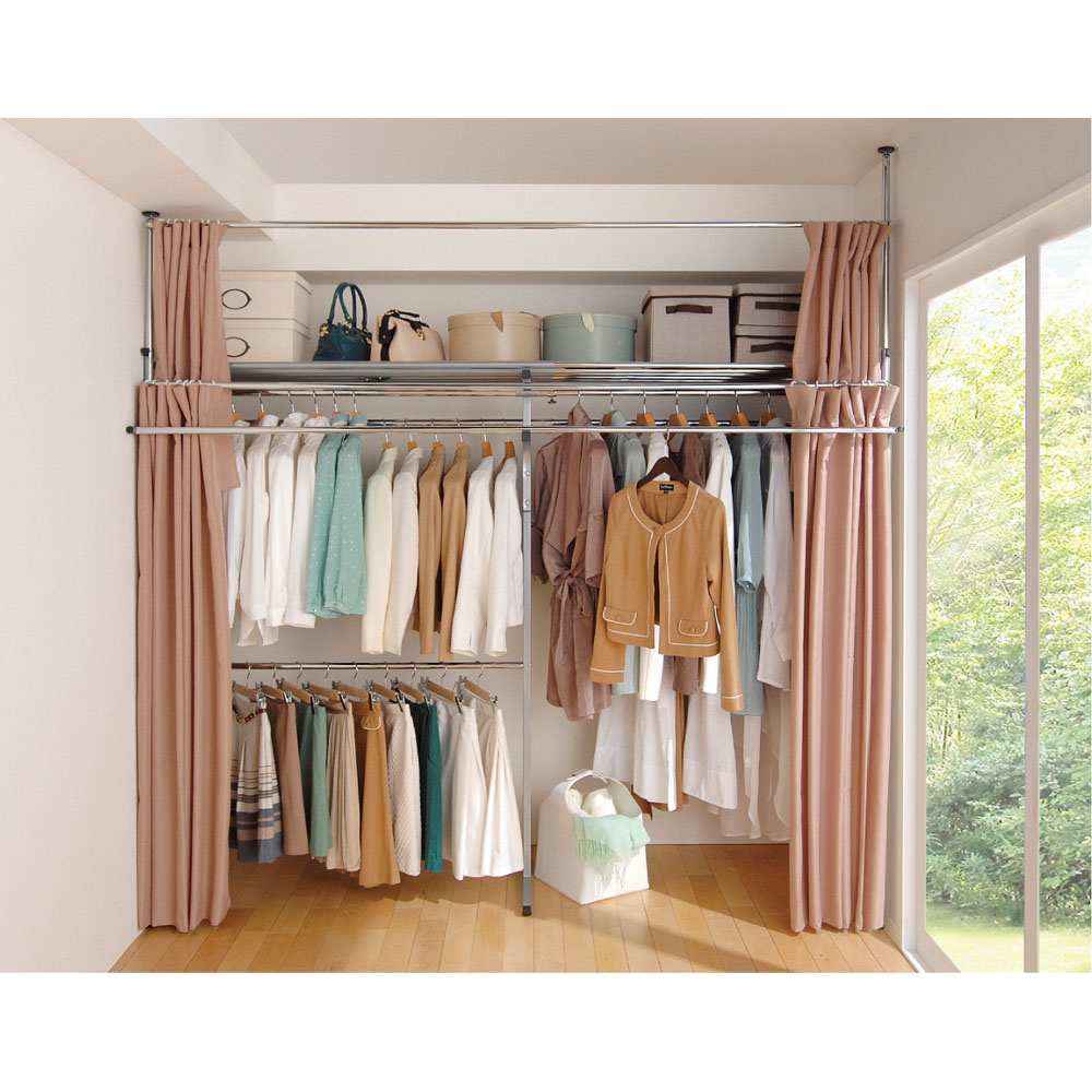 奥行79cm 上下カーテン付き突っ張り頑丈ハンガーラック ロータイプ