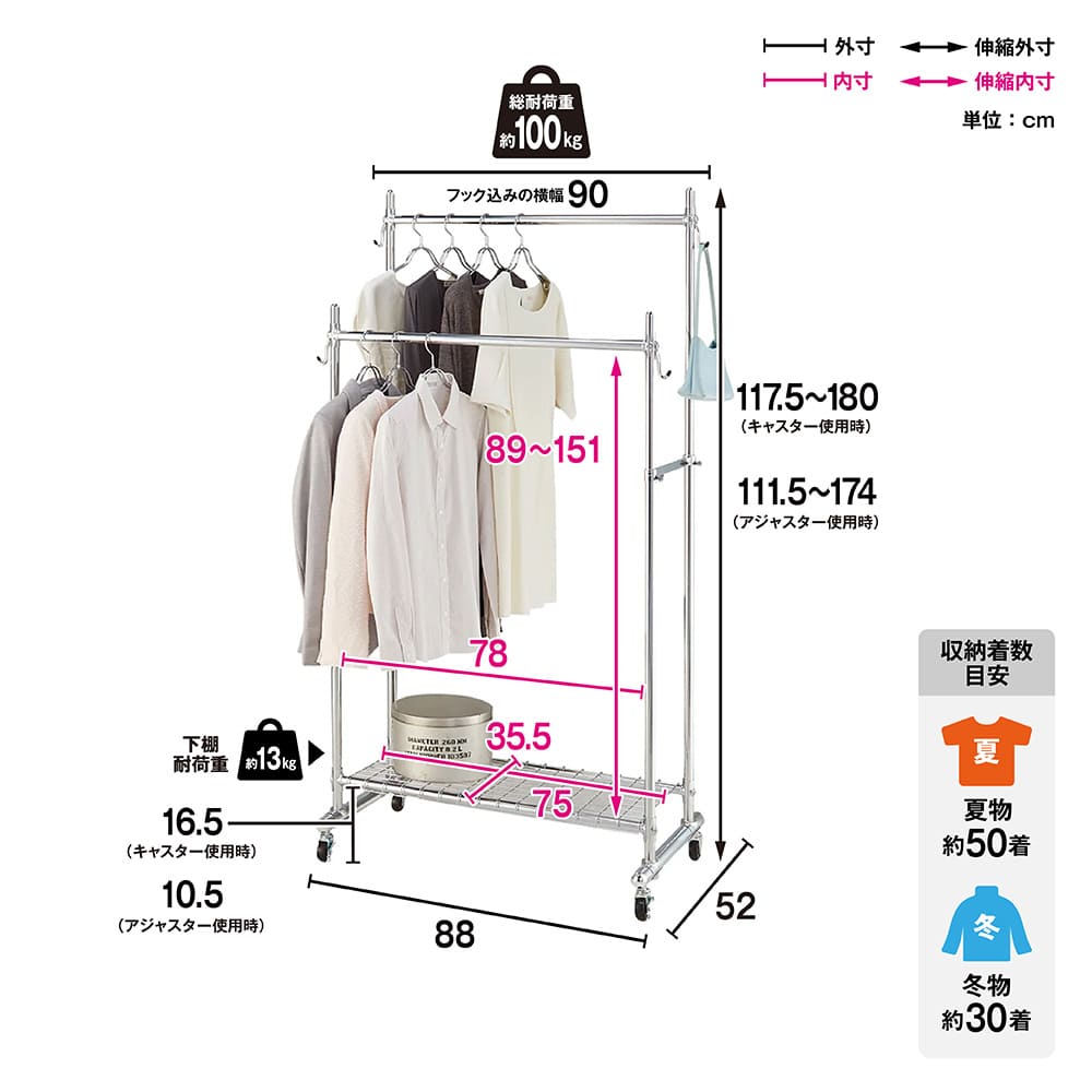 シリーズ累計100,000台突破！】プロ仕様 頑丈ハンガーラック ダブル