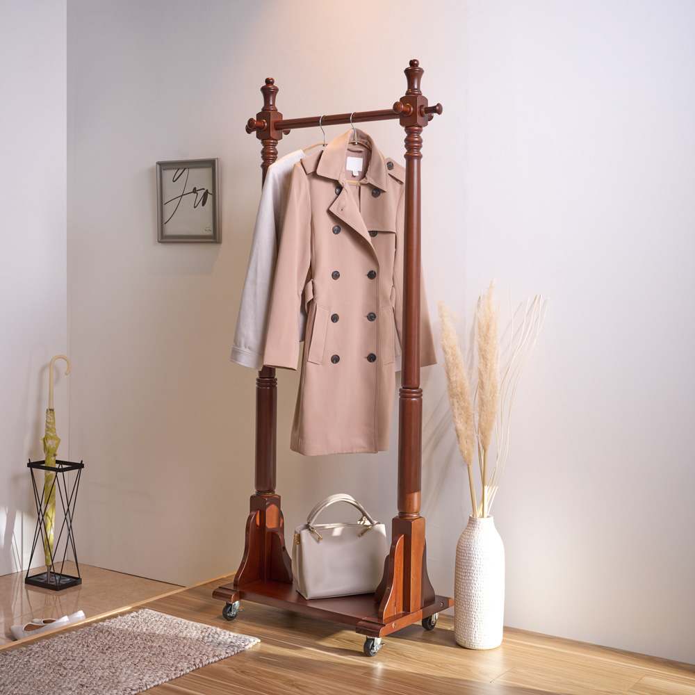 マホガニー天然木 キャスター付きハンガーラック 幅73cm奥行40cm高さ