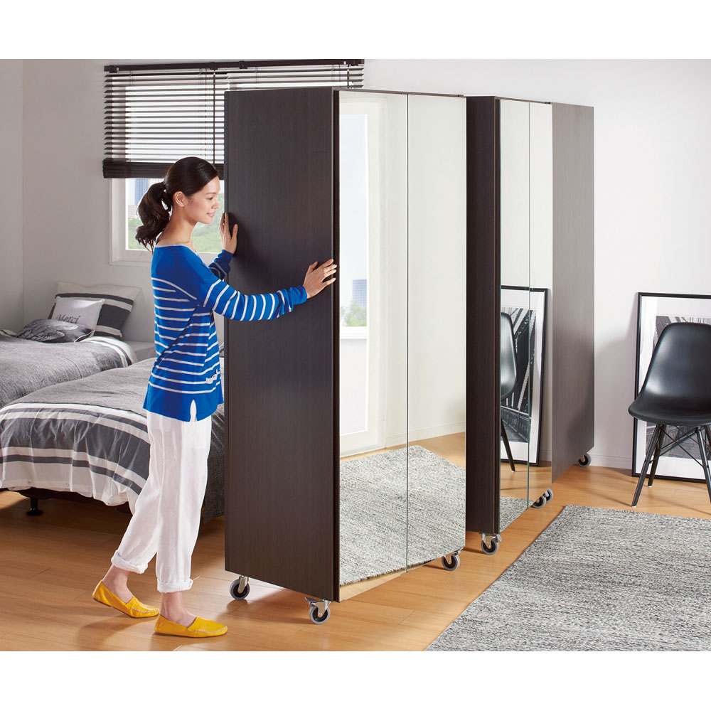 移動式間仕切りクローゼットハンガー ミラー扉タイプ・ハンガー1段