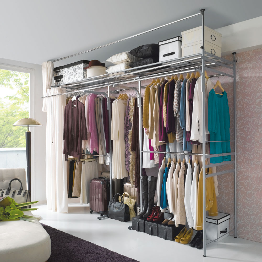 奥行79cm 上下カーテン付き突っ張り頑丈ハンガーラック ハイタイプ