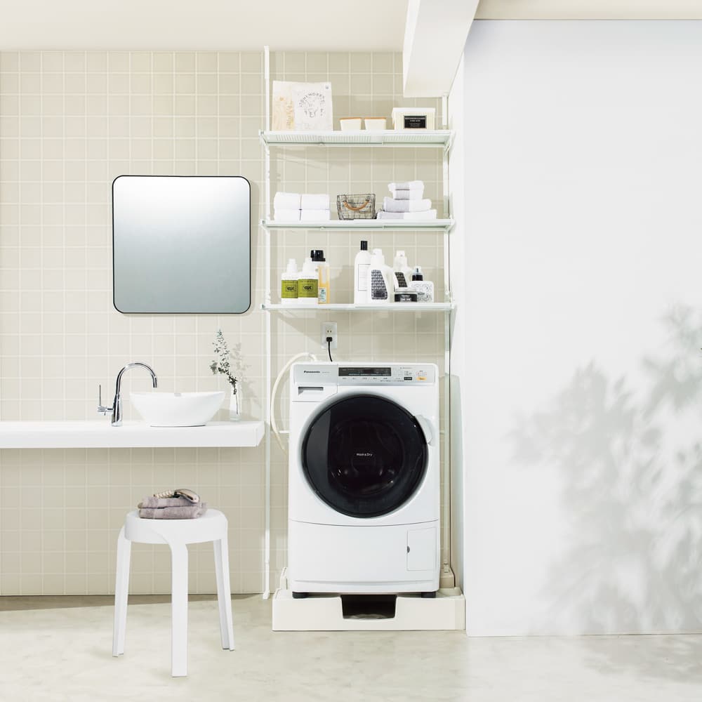 防水パンの段差対応 突っ張りランドリーラック 棚3段 高さ227cm～270cm