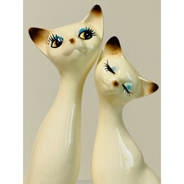 美品 ） アンティーク・レトロ調 陶器製 シャム猫ペアーセット 置物の