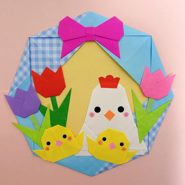 折り紙 壁面飾り 春リース（猫バージョン） お値下げ中折り紙 仲良しね