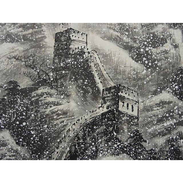 大幅掛軸 季宝国(騰生)『長城雪靄 万里の長城』紙本肉筆 掛け軸