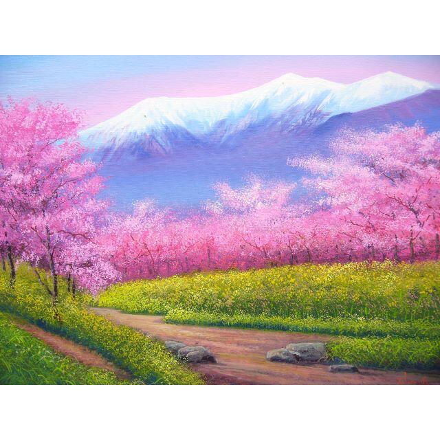 竹内敏彦 絵画 油絵 肉筆油絵 風景画 桜並木 F6 送料無料 竹内敏彦 絵画