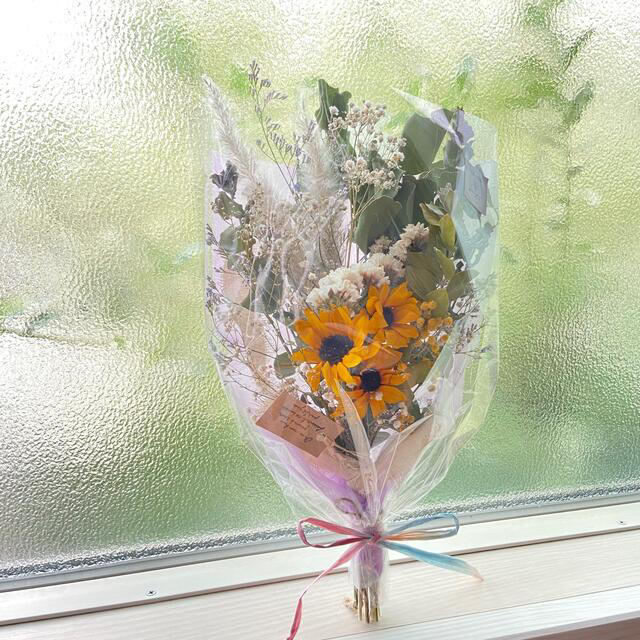 ドライフラワー スワッグ ひまわりブーケ クラスペディア ミモザ30cmの