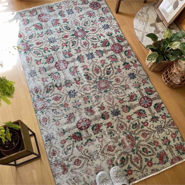 貴重116×190幸せの青い鳥 ボタニカル シャビー トルコヴィンテージラグ