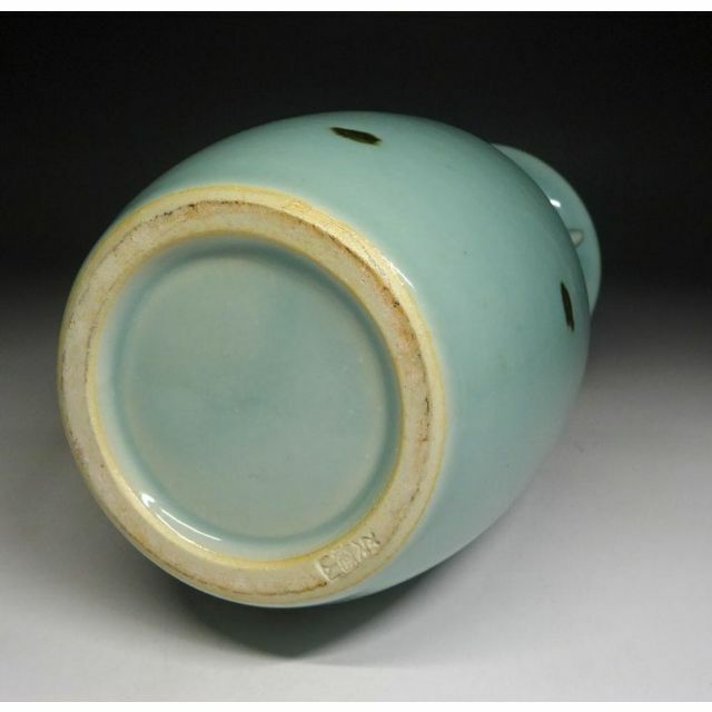 砥部焼 栖山窯 飛青磁 双魚耳 花瓶 高約20.5cm 時代物 t06201の通販 by