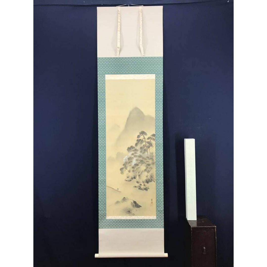 真作】霞舟/桜花山水筏下り図/嵐峡/嵐山/山水図/掛軸☆宝船☆AB-731の