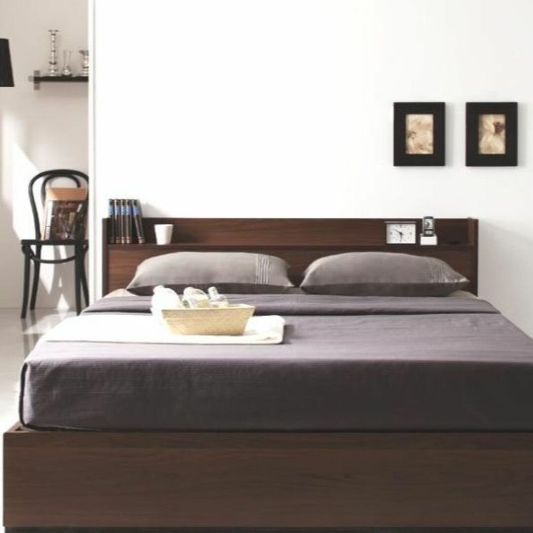 セミダブルベッド ダークブラウン 収納・コンセント・マットレス付き