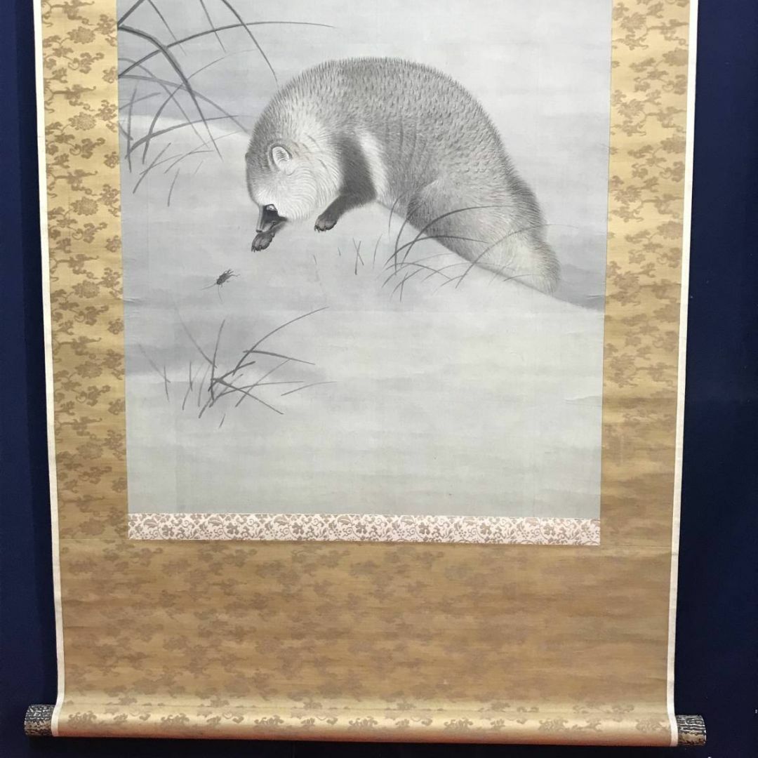 真作】晴雲/月下狸図/タヌキ図/コオロギ図/花鳥図/掛軸☆宝船☆AC-670