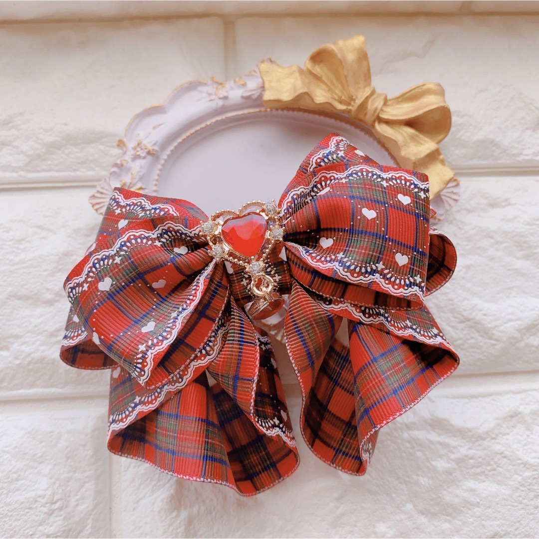 213 ハンドメイド リボン ヘアゴム チェック 赤 ハートの通販 by maa's