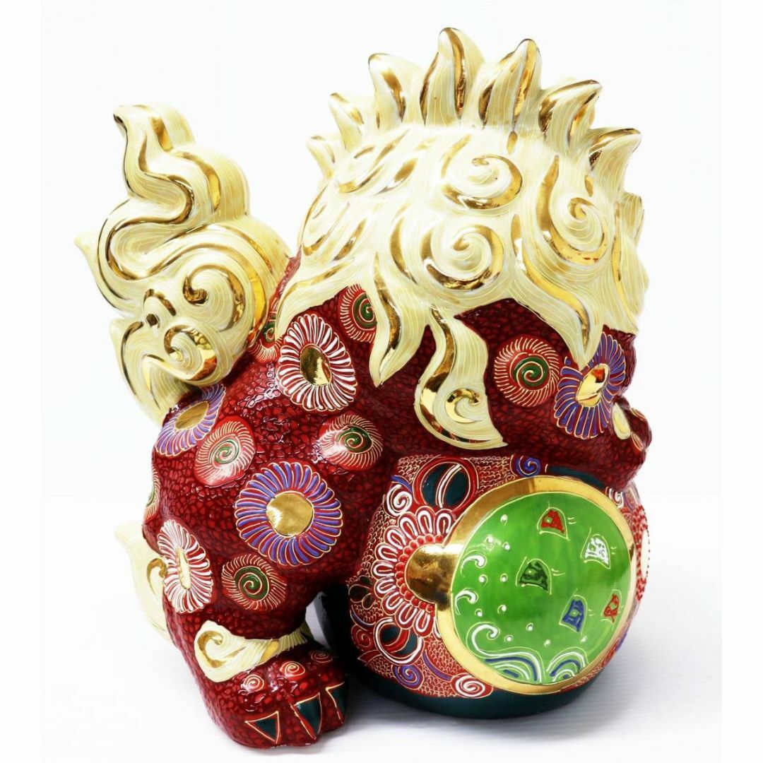 九谷焼 玉乗り獅子 双仙銘 開運 縁起置物 高さ約36cm 良好品 K6s147の