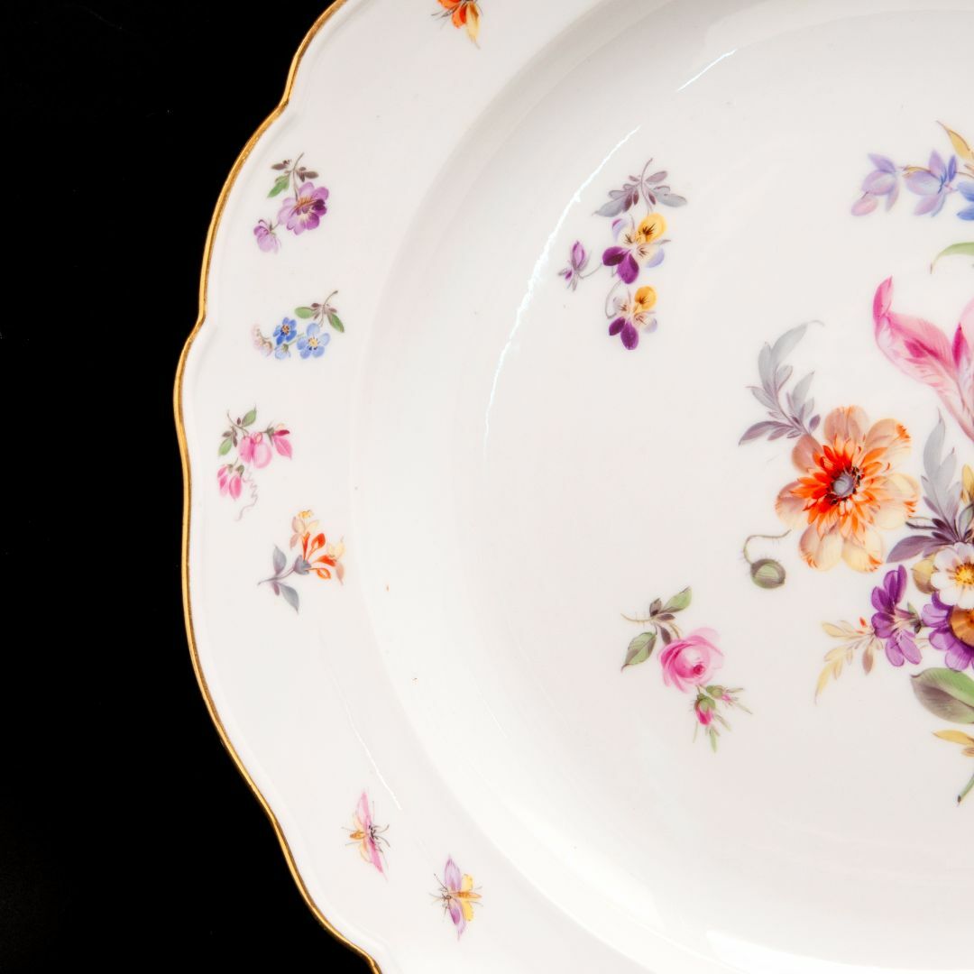 MEISSEN - 古マイセン 金彩 花のブーケと虫の絵付け 19C末 大皿 直径