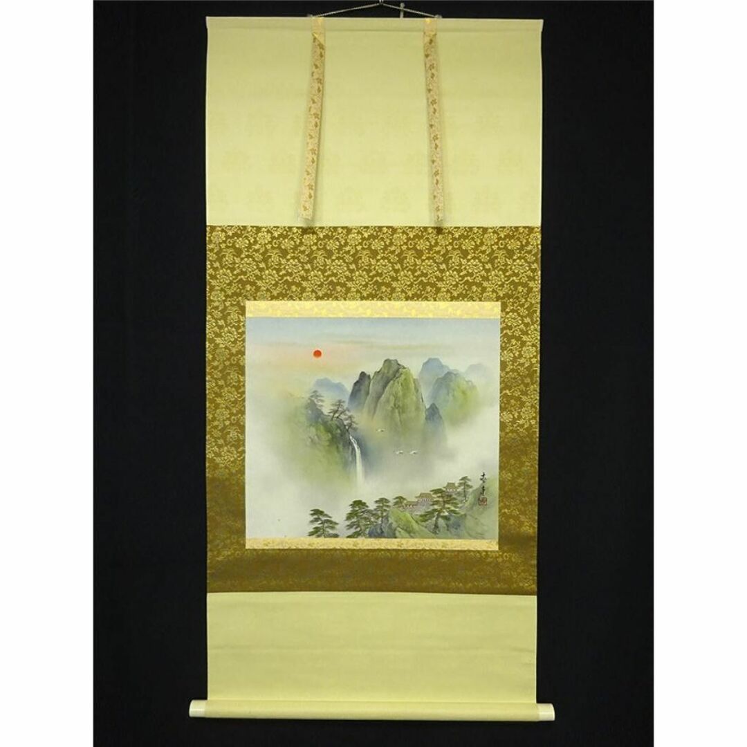 真作】掛軸 吉井春堂『蓬莱山図』日本画 絹本 共箱付 掛け軸 a07027の