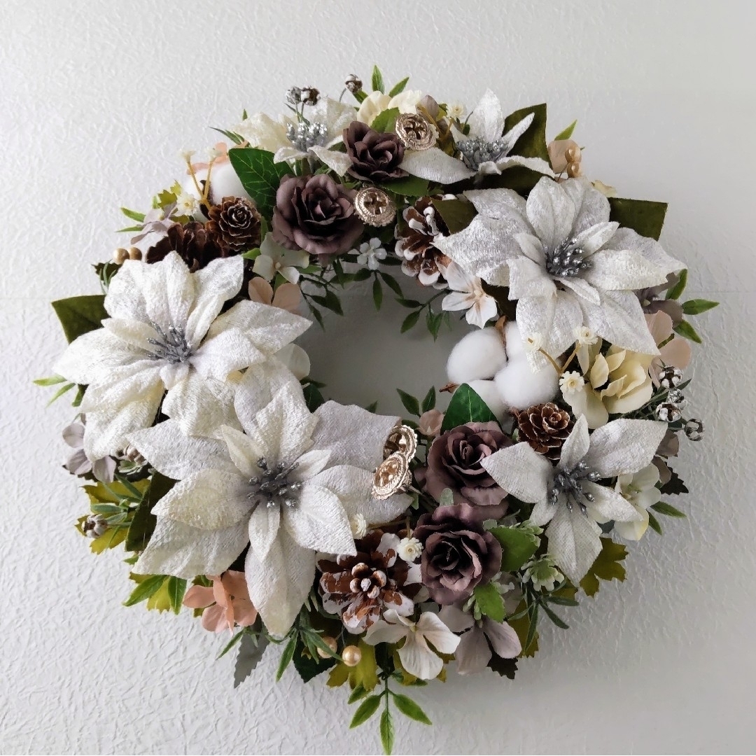 ホワイトクリスマスリース 白いポインセチア クリスマスリース