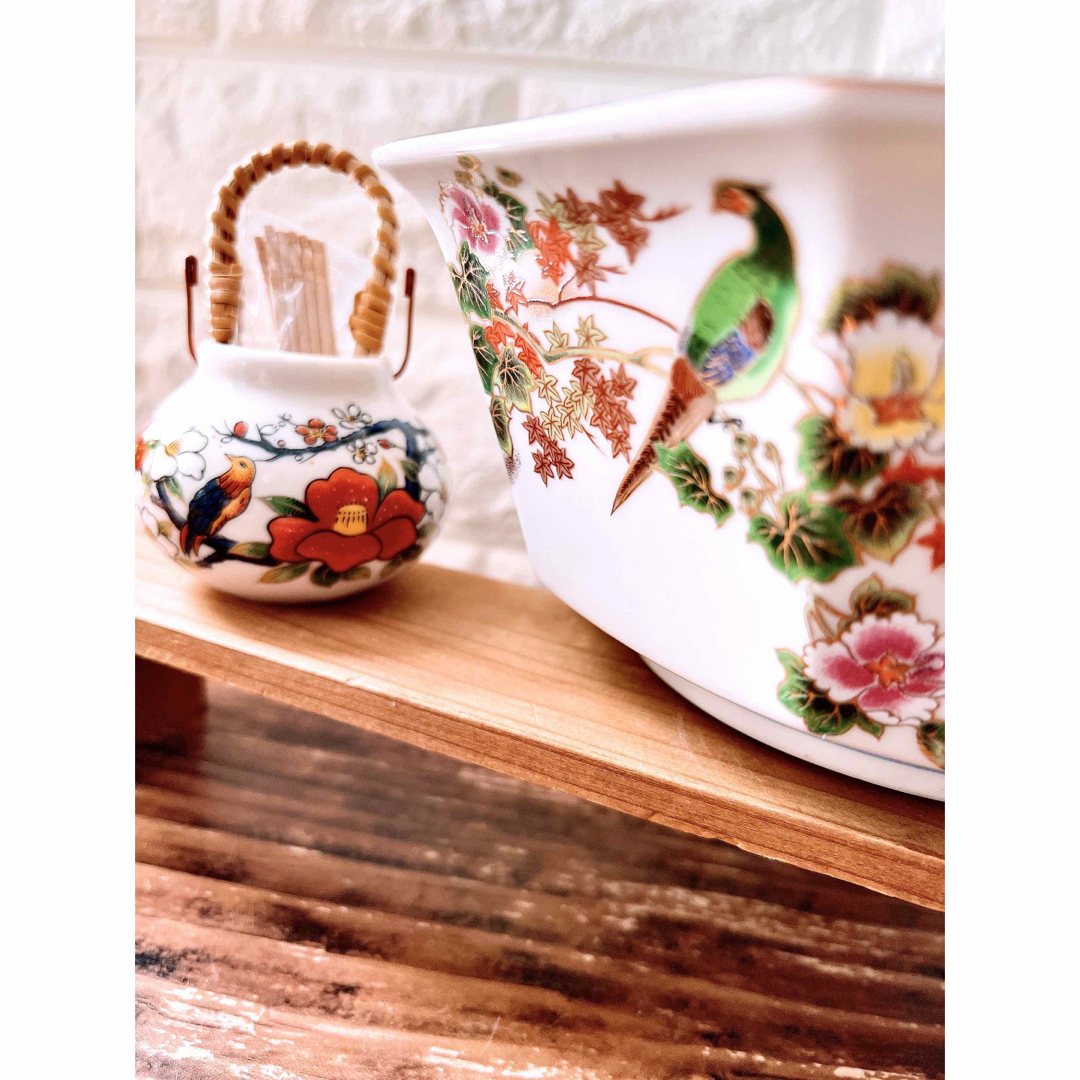 九谷焼】花鳥絵 幸運の八角鉢と爪楊枝入れ セット 煮物器 菓子鉢