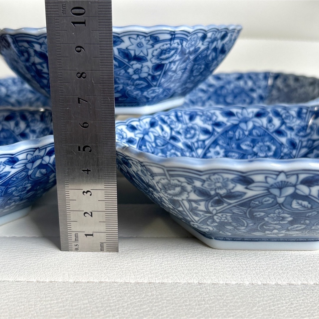 有田焼 龍峰窯 染付更紗 中鉢揃え 5枚セット 輪花鉢 煮物鉢 六角鉢 和