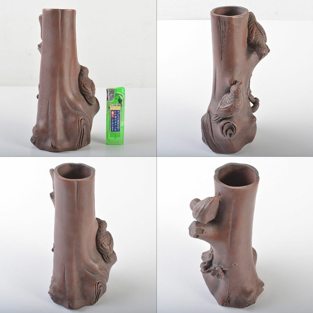 中国 紫砂 朱泥 梅に鳥彫 花瓶 在銘 V R6460