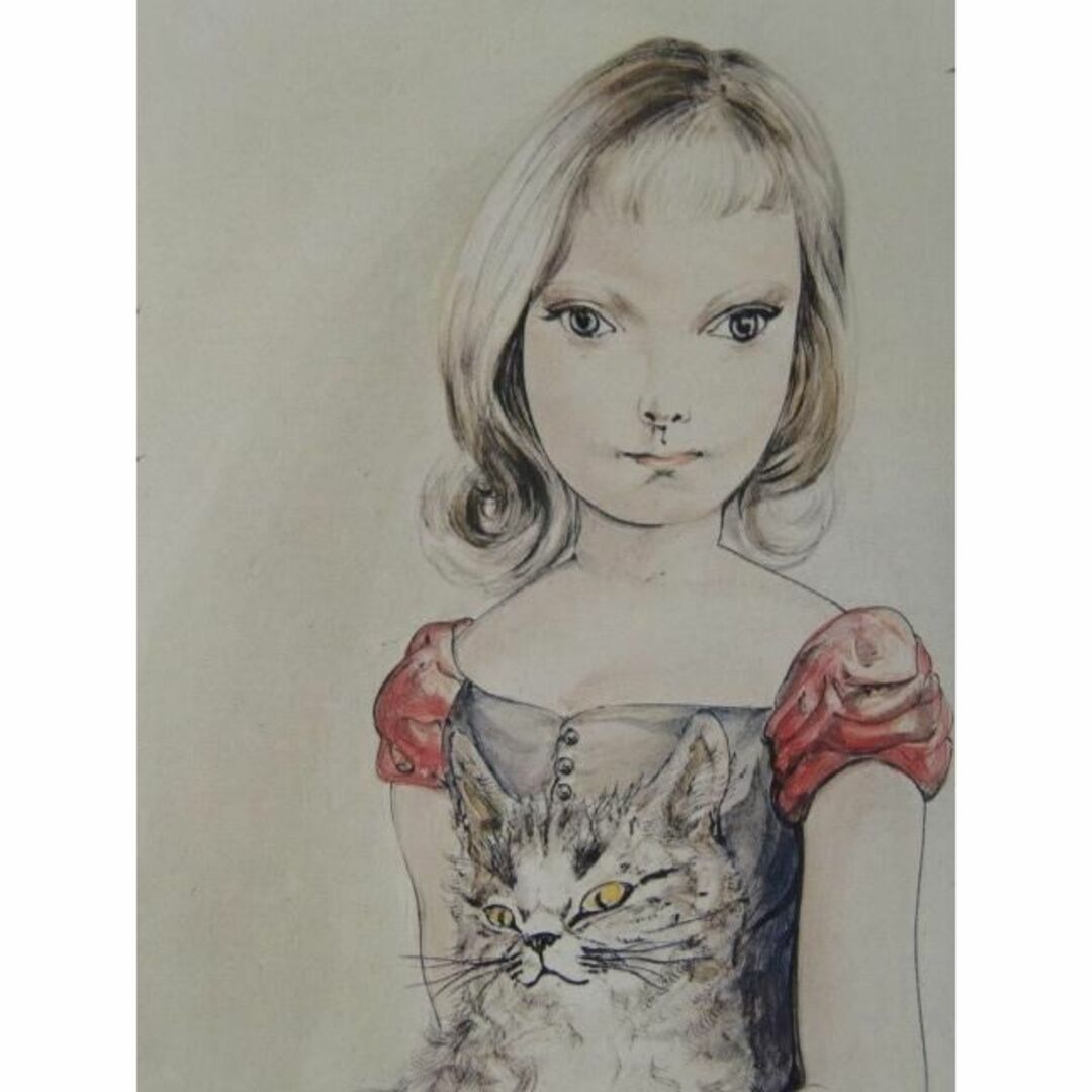 藤田 嗣治、「猫を抱く少女」希少、オーダーマット付額装・画集画