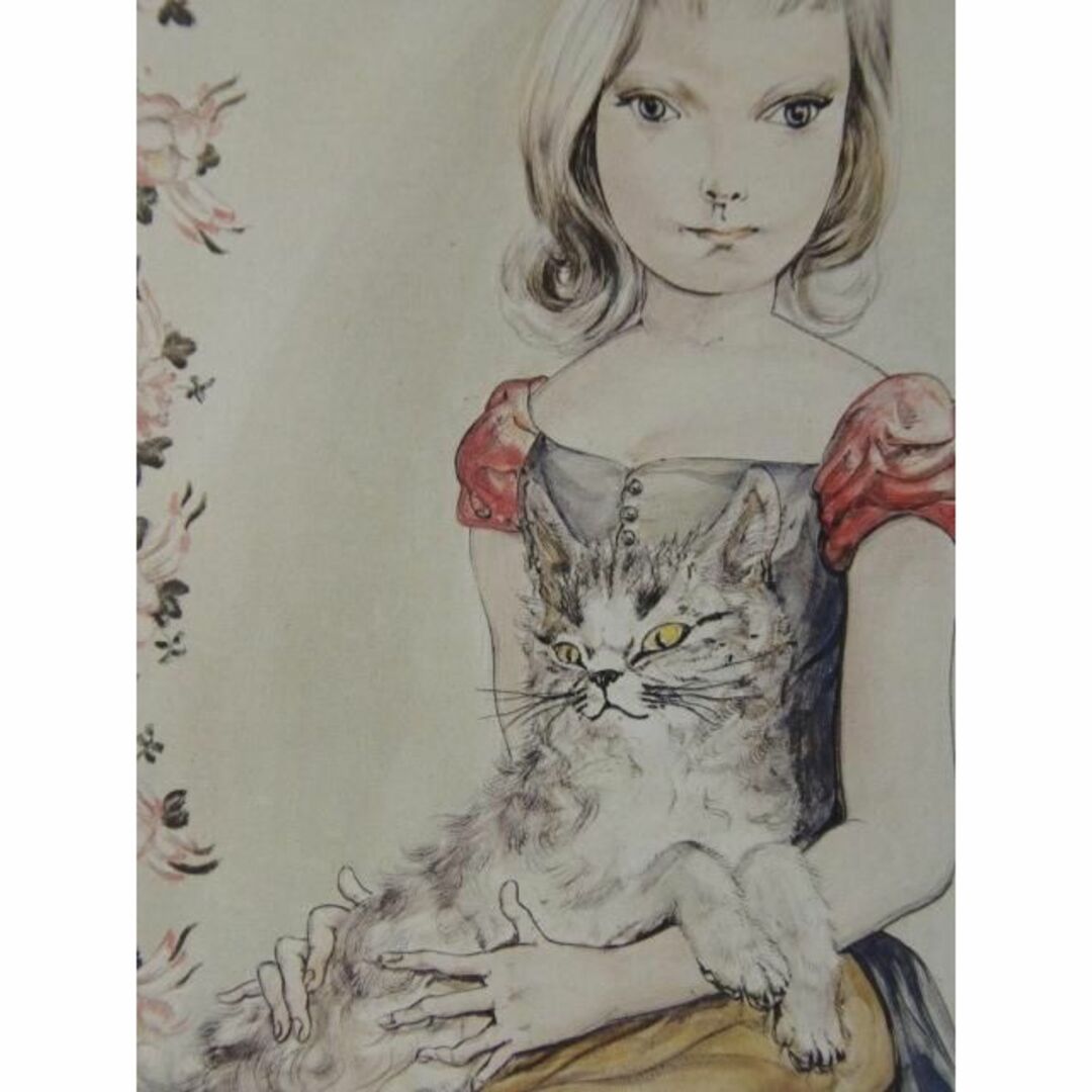 藤田 嗣治、「猫を抱く少女」希少、オーダーマット付額装・画集画