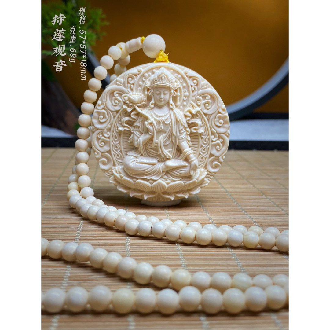 天然マンモス牙美しい手作り彫刻 千手観音 ネックレス