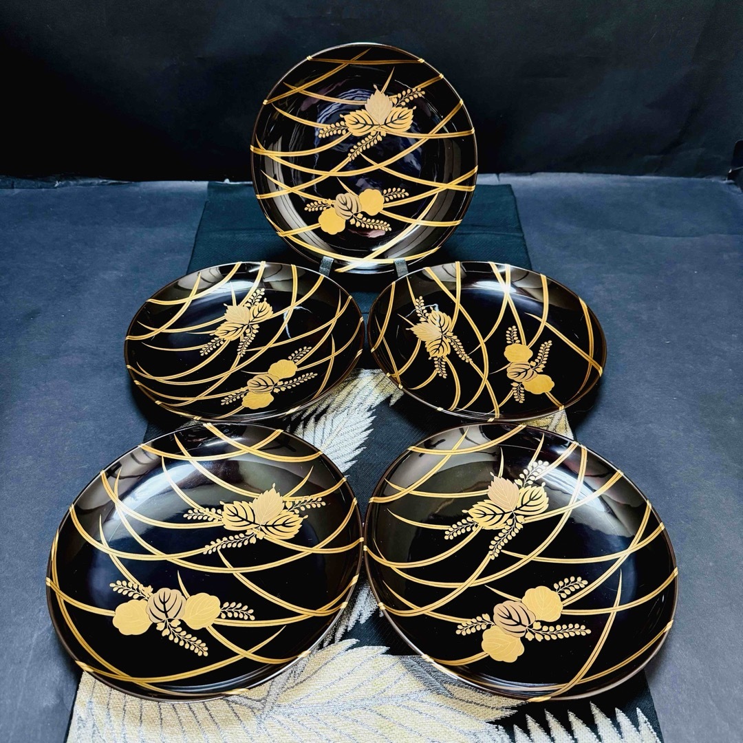 輪島塗 五聖蒔絵銘々皿5枚セット 金箔蒔絵装飾 共箱説明書き付 輪島塗