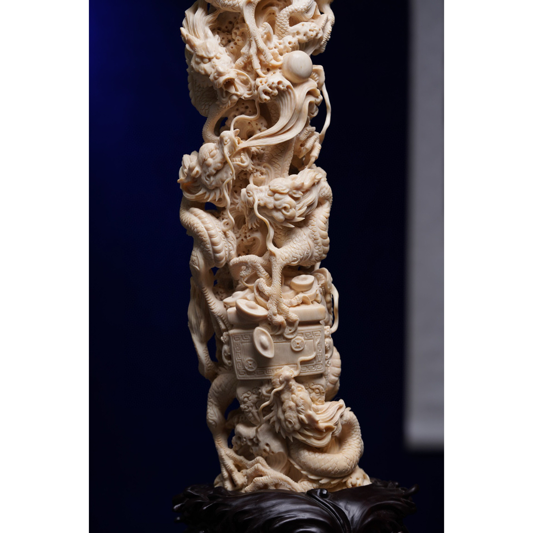 天然マンモス牙美しい手作り彫刻至尊九龍戯珠 置物