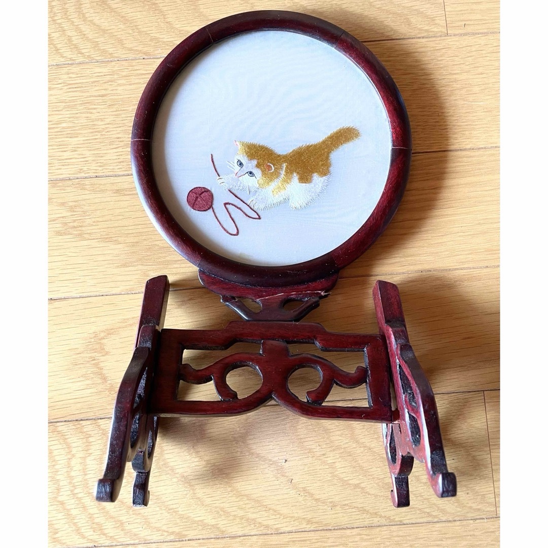 VINTAGE - アンティーク中国美術 工芸品 中国蘇州 刺繍 猫 ねこ 両面