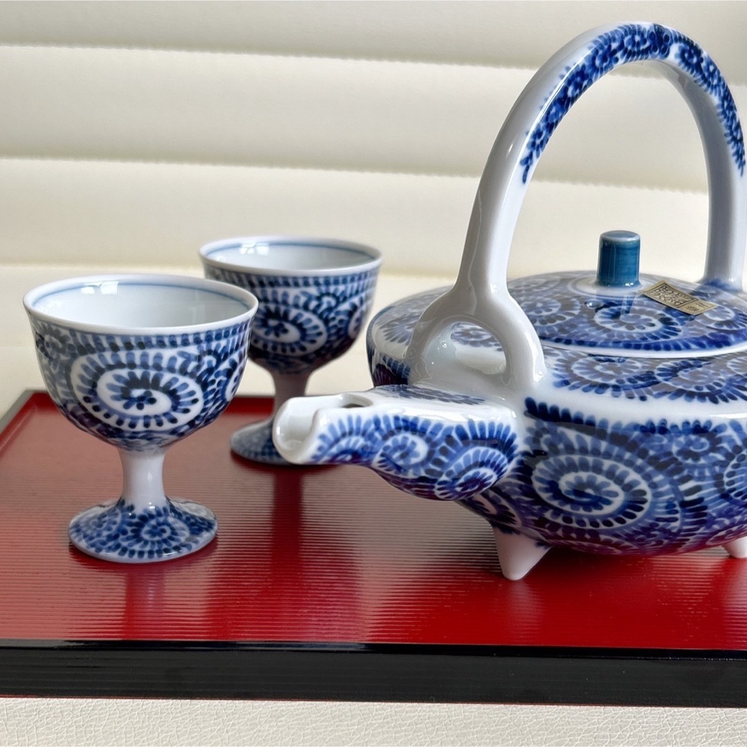 有田焼 龍峰窯 染付蛸唐草 冷酒セット 酒器セット 酒急須 お猪口 高台