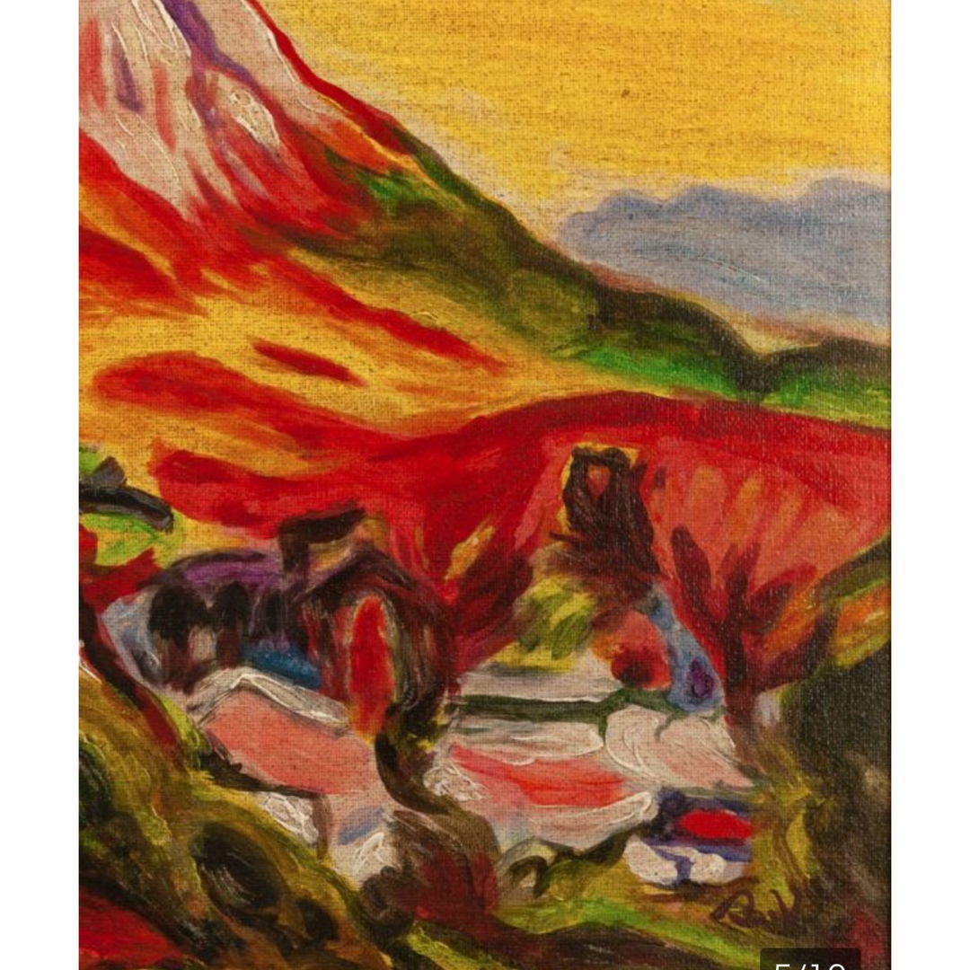 梅原龍三郎油彩 手描き『桜島』 表裏サイン(印譜) 中川一政鑑定シール