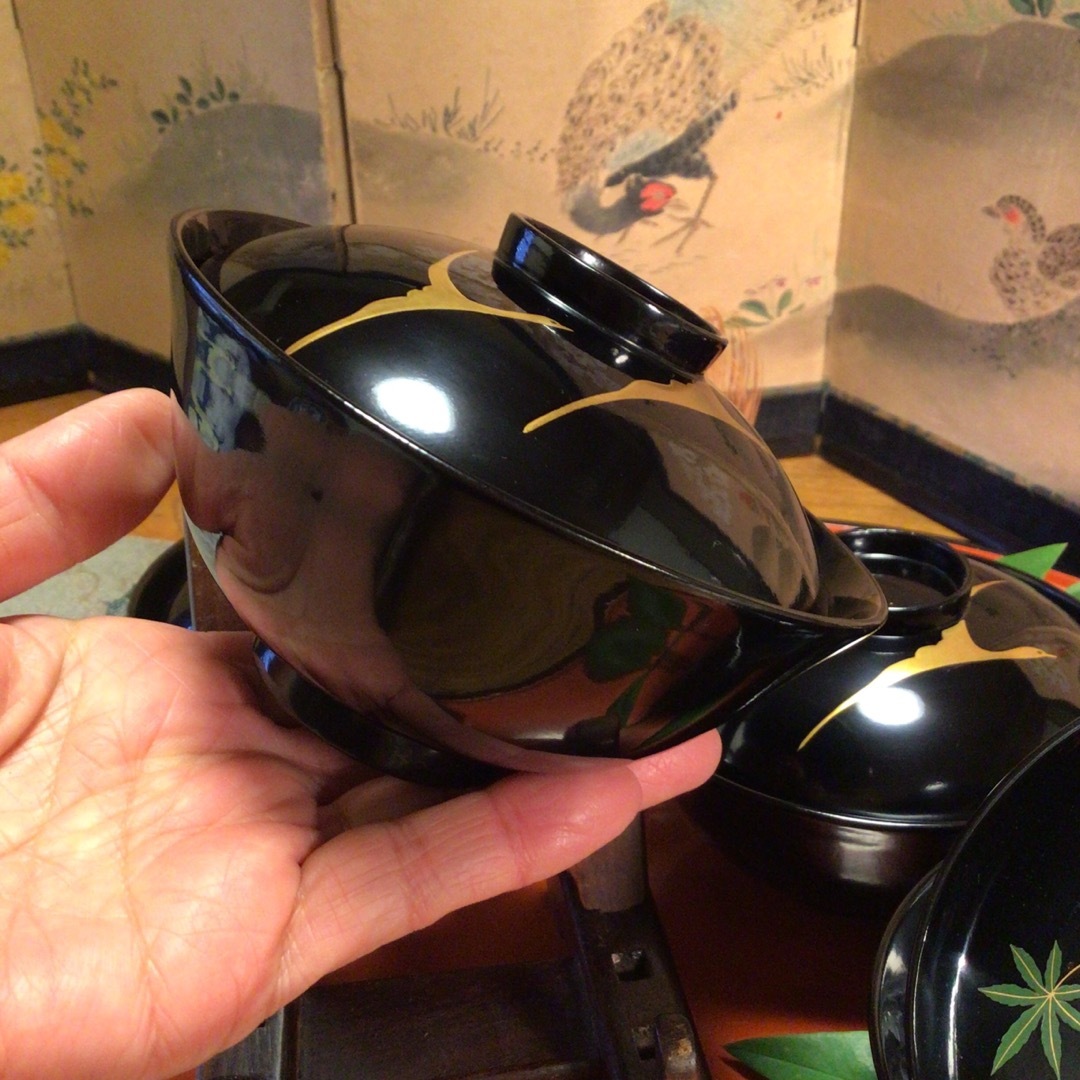 A762 木製輪島塗 懐石道具 黒塗 鶴に紅葉蒔絵 吸い物椀 5客