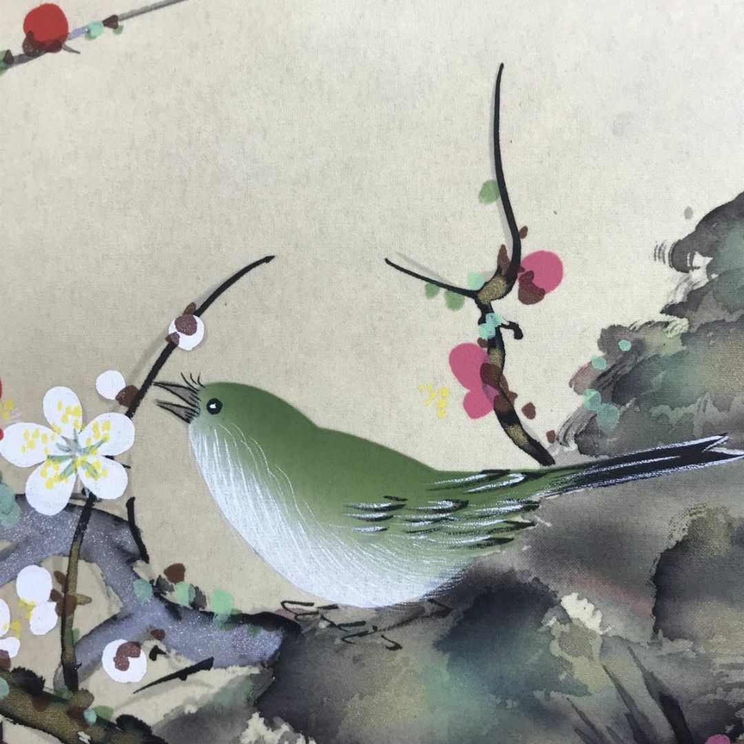 真作/雅堂/紅白梅小禽図/梅図/梅花図/梅にウグイス図/掛軸☆宝船☆AD