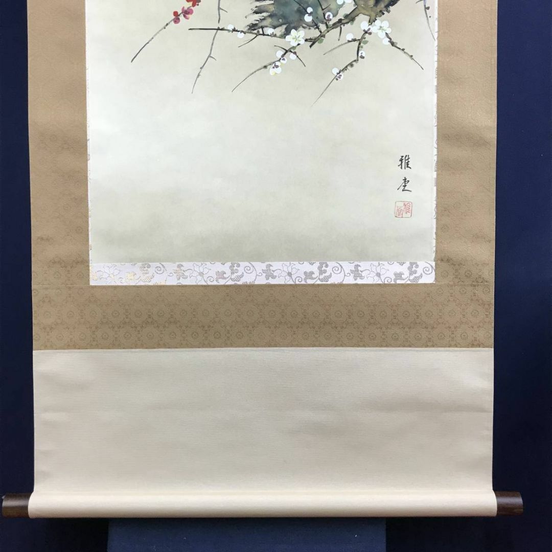 真作/雅堂/紅白梅小禽図/梅図/梅花図/梅にウグイス図/掛軸☆宝船☆AD